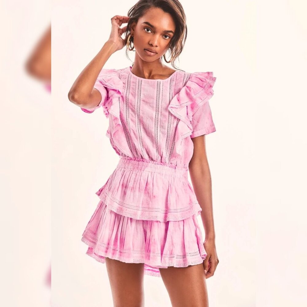 LoveShackFancy Natasha Heritage Mini Dress S 6 Tie Dye Pink Cotton Short 42236
